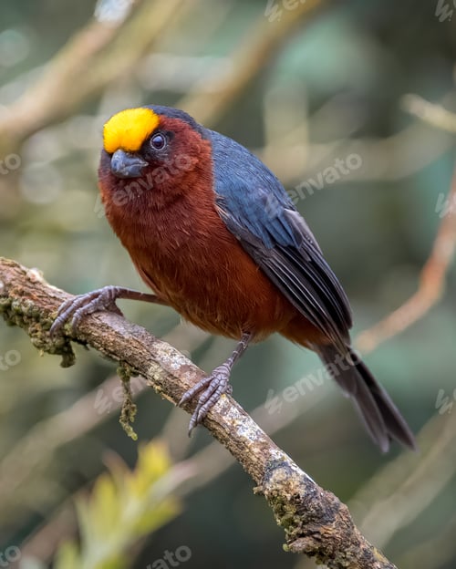 Preview: Plushcap (catamblyrhynchus diadema). Little bird in close-up on a tree branch