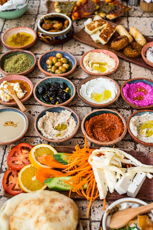 Preview: Delicious Turkish family breakfast table with pastries, vegetables, greens, spreads, cheeses
