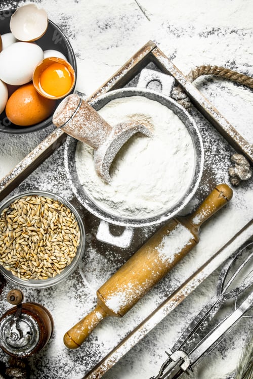 Preview: Dough backround. Flour with eggs and rolling pin.