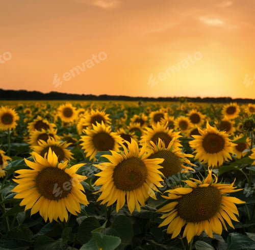 Preview: field of sunflowers, ripe flowers in the foreground