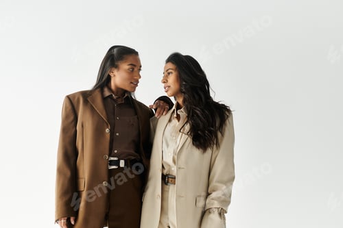 Preview: Stylish young women share a moment in chic outfits against a minimalist backdrop