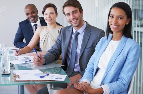 Preview: Portrait of a group of businesspeople sitting at a conference table