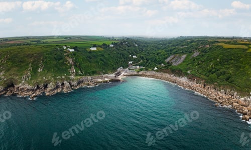 Preview: Aerial view from the sea of Lamorna Cove and it's ruined harbour in Cornwall