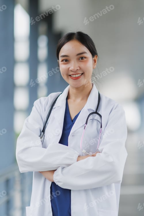 Preview: Portrait of smiling asian female doctor wearing white coat and stethoscope