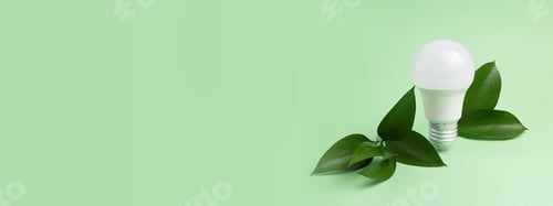 Preview: Led bulb with frsh green leafs,green energy concept. Large banner with negative space.