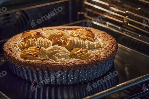 Preview: Baked cake with pears and peaches in metal form in an electric oven