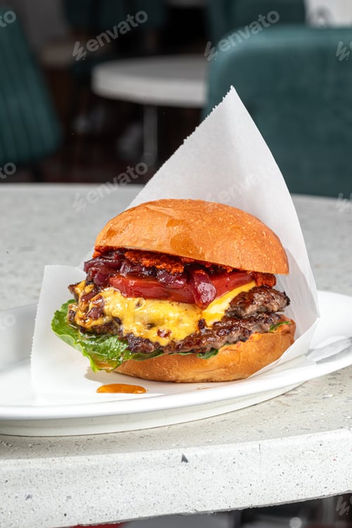 Preview: Delicious Burger with Cheese and Tomato Toppings