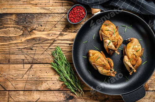 Preview: Homemade roast quail in a pan. Wooden background. Top view. Copy space