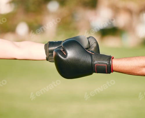 Preview: Team, boxing gloves and people fist bump in celebration, collaboration and teamwork in combat sport