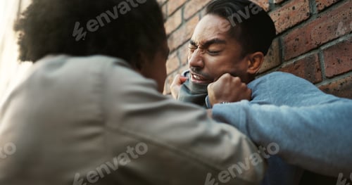 Preview: Anger, conflict or fighting with men in city for aggressive disagreement, physical harm and violenc