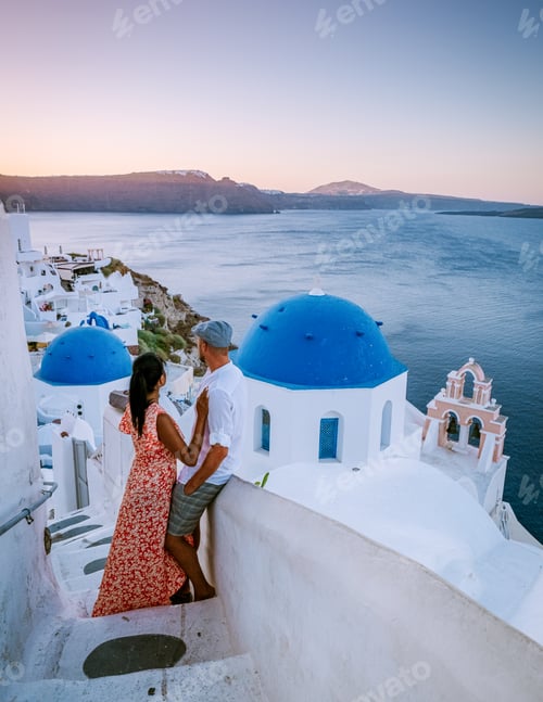 Preview: Couple of men and women on vacation in Santorini Greece, couple visit Oia Santorini