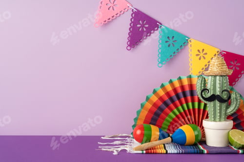 Vista previa: Vibrant Mexican-themed decorations including a cactus, maracas, and papel picado exemplify