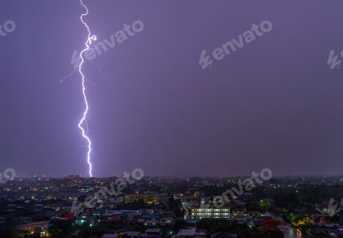 Preview: Realistic lightning in city at night background. Electricity. Natural light effect. Thunder