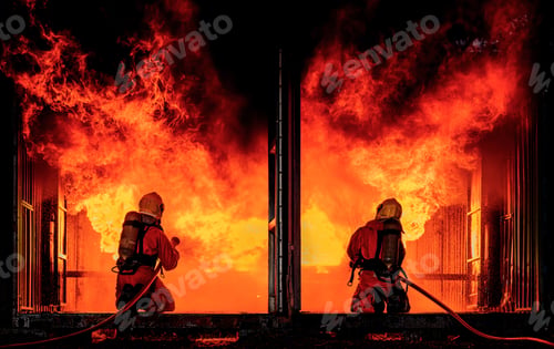 Preview: Firefighter Concept. Fireman using water and extinguisher to fighting with fire flame.