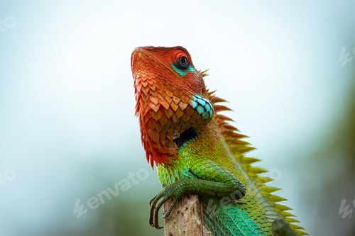 Preview: Common green forest lizard on a wooden pole posing so proud,