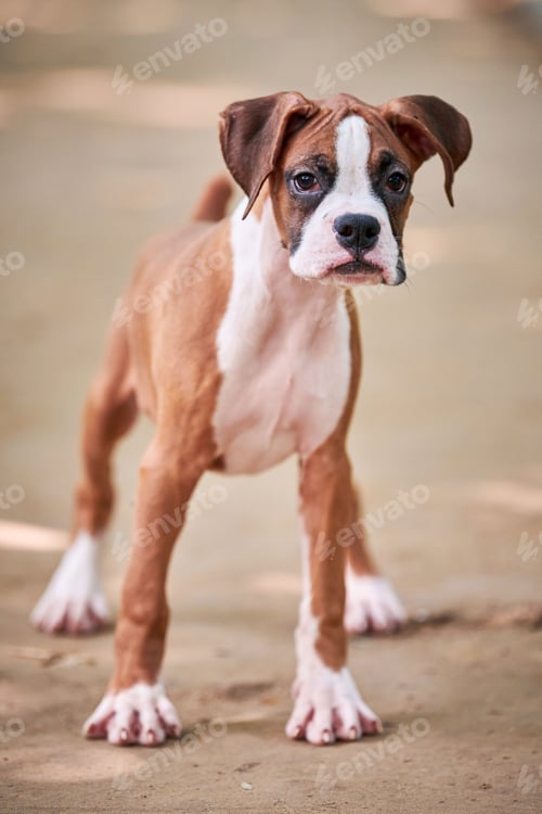 Preview: Boxer dog puppy full height portrait at outdoor park walking, footpath background