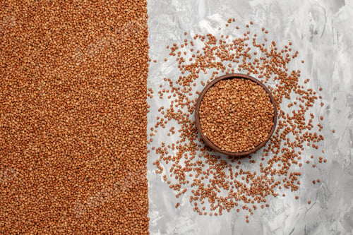 Preview: Top view(buckwheat) vertical and buckwheat bowl on the right spread on white table