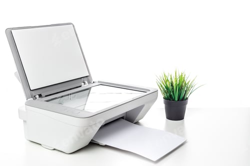 Preview: Multifunction printer with paper output and green plant on desk in bright workspace