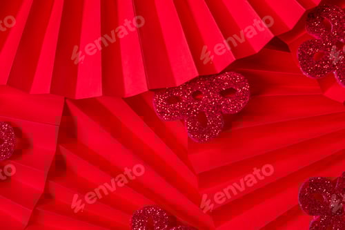 Preview: Chinese New Year .Decor pattern fan on red background. Red paper fans .Lunar New Year banner templa