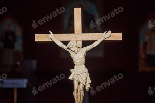 Preview: Wooden Crucifix Depicting Jesus Christ Displayed Inside Christian Church