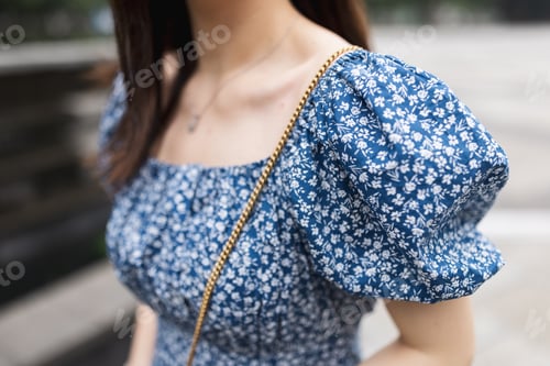 Preview: Closeup portrait of woman in fashionable summer dress blue color with floral print and accessories
