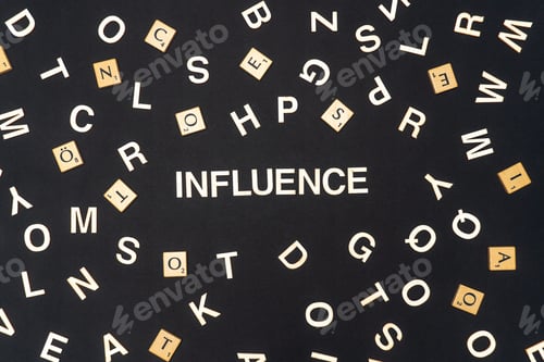 Preview: INFLUENCE word written on dark paper background. INFLUENCE text for your concepts