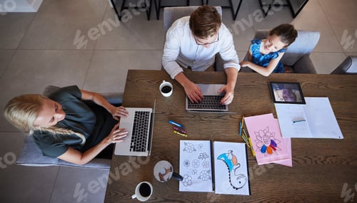 Preview: Family, business and education by parents and child productive with remote homework and freelance w