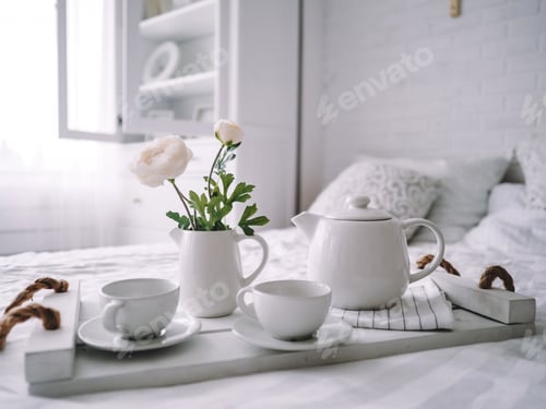 Preview: Breakfast Still Life with Tea Set in Bedroom