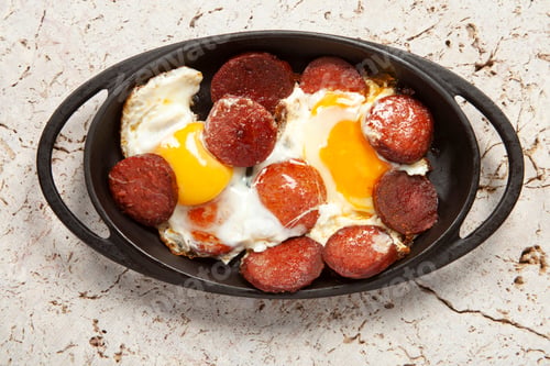 Preview: Copper pan with fried egg and sausage