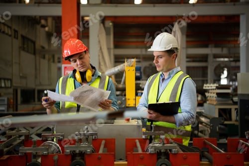 Preview: Two young engineers Testing and verifying the operation of the machines forming metal sheet tiles