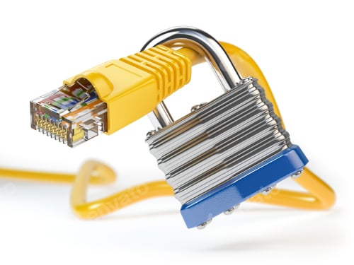 Preview: Network ethernet cable locked with padlock isolated on white bac