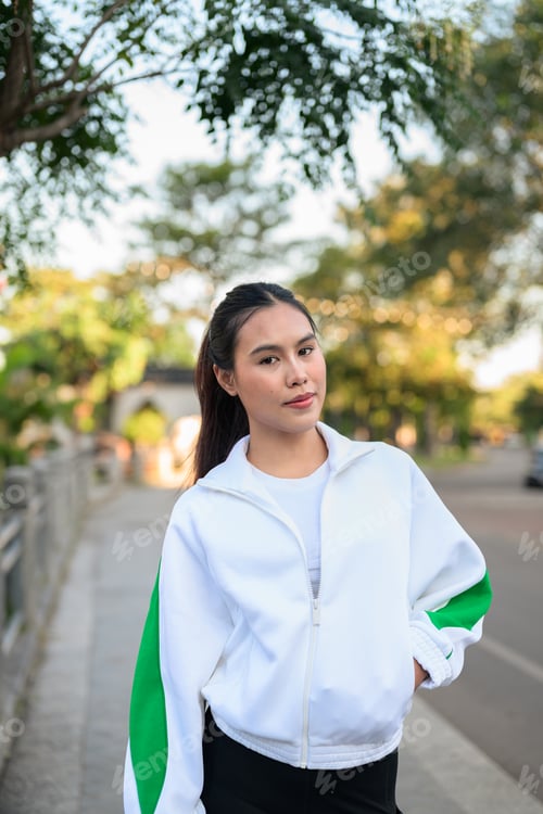 Preview: Young Asian Woman in Sporty Casual Outfit Outdoors