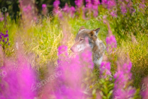 Preview: Large male adult grey wolf hiding in grass meadow in the forest