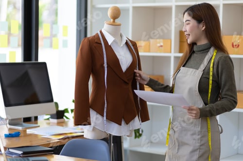 Preview: Fashion designer working in workshop measuring shirt sample on dummy.