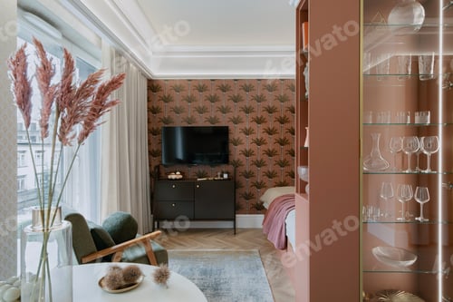 Preview: Warm and cozy composition of bedroom with big bed and personal accessories. Home decor. Template.