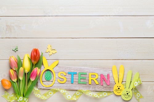 Preview: A colorful spring greetings card with tulips for Easter, Mother's Day.