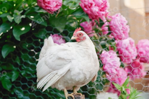 Preview: White backyard chicken and growing behind beautiful pink peonies.