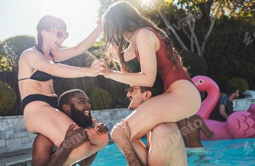 Preview: Pool party and wrestling with couple of friends for summer vacation fun together in the sunshine. G