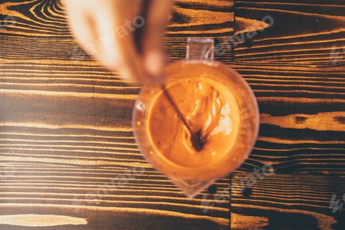 Preview: professional barista make a fresh drink with tea and milk on cup, beverage tasty bar cafe