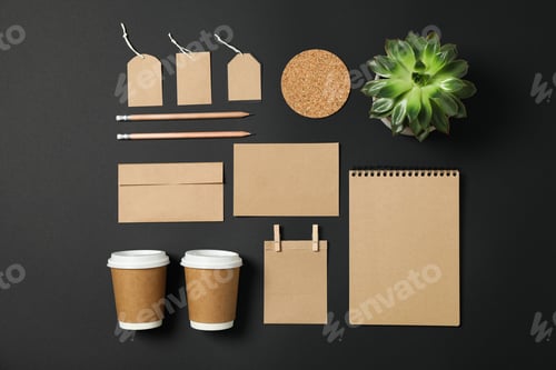 Preview: Flat lay composition with blank stationery and succulent on black background, copy space