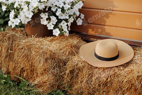 Preview: Straw hat on hay, white flowers, wooden background.
