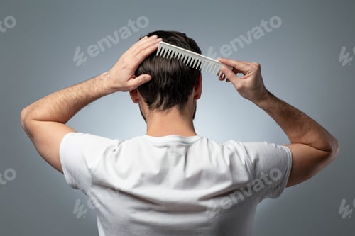 Preview: Hair care concept. Back view of unrecognizable man hairbrushing with comb, standing over grey studio