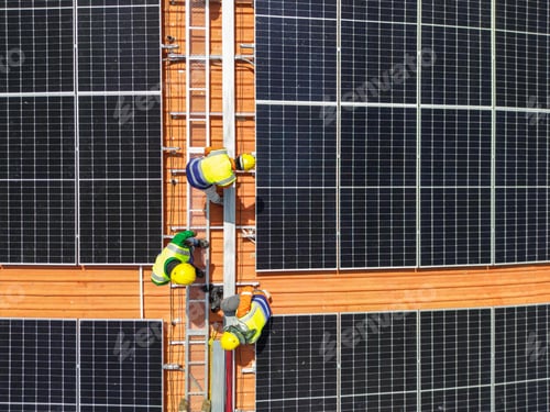 Preview: engineer man inspects construction of solar cell panel or photovoltaic cell at roof top