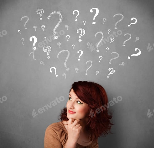 Preview: Pretty Young Woman Thinking With Sketched Question Marks All Over Her Head