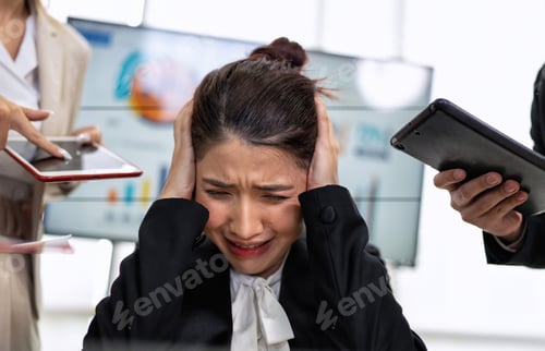 Preview: Stressed overwhelmed business worker feels tired at work overload exhausted suffering from headache