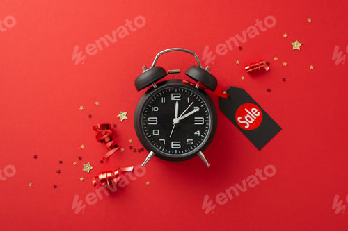 Preview: Black Friday shopping time is near! Top-down view of a black alarm clock adorned with a "sale" label