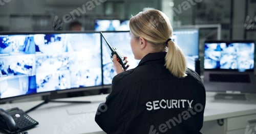 Preview: Communication, security and woman with radio, cctv and monitor to watch, danger and control room fo