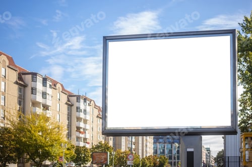 Visualização: Cartaz vazio para propaganda pública na beira da estrada. Espaço para texto. Céu azul e cidade.