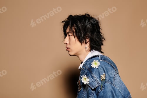 Preview: Stylish asian man showcases spring fashion in studio highlighting floral details