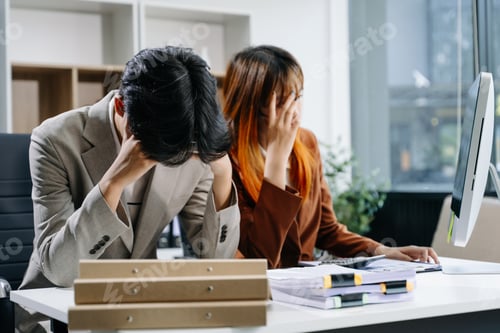 Vista previa: Furious two Asian businesspeople arguing strongly after making a mistake at work